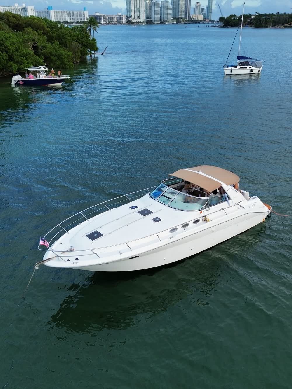 The Sundancer at anchor with the bimini up